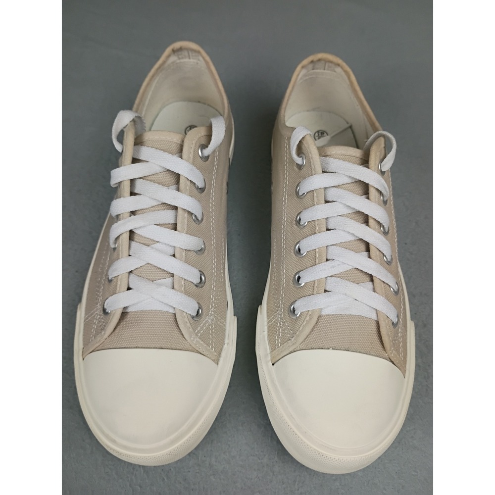 Beige Canvas Low Top Sneakers White Toe Cap Lace Up Casual Shoes Mens 9.5 40.5
